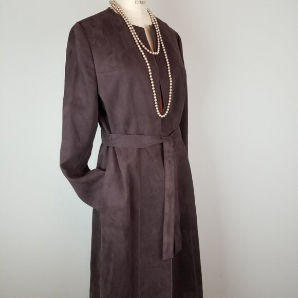 INC Faux Suede Chocolate Brown Long Length Trench Belted L/S Jacket * Size 10 - Picture 7 of 9